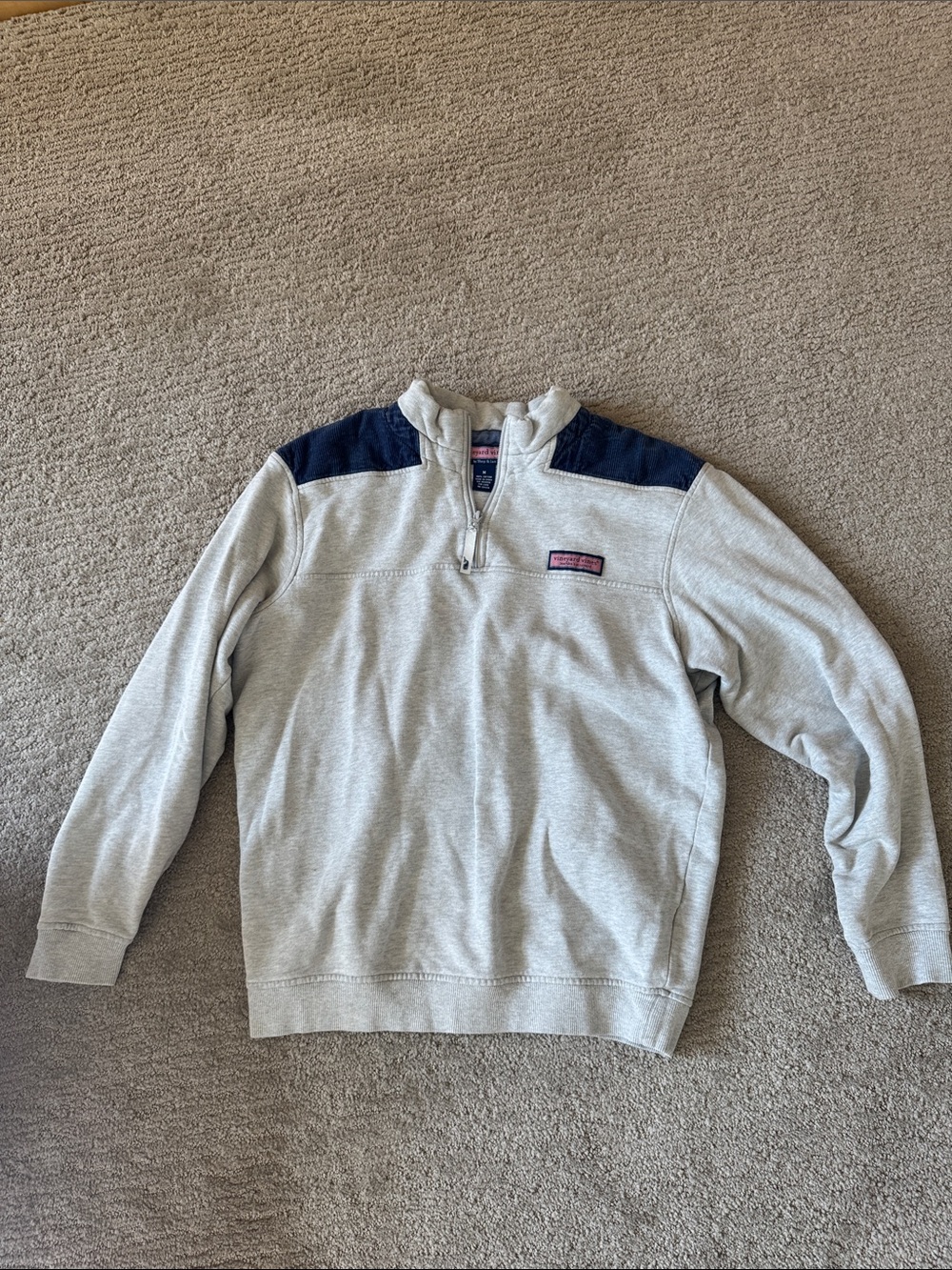 Vineyard Vines Light Gray Quarter-Zip with Navy Shoulder Panels